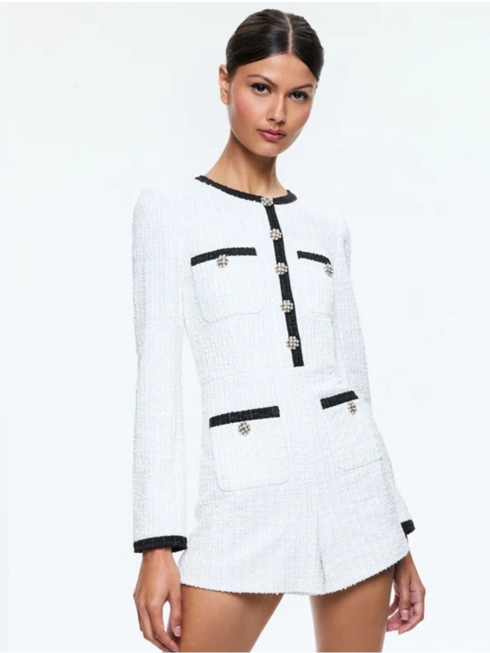 Alice + Olivia White Tweed Jacket with Black Trim and Pearl Buttons